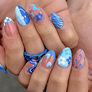 Накладные ногти GlamRays Blue Long Almond 24 шт. с цветами и сердечками - Фото 1