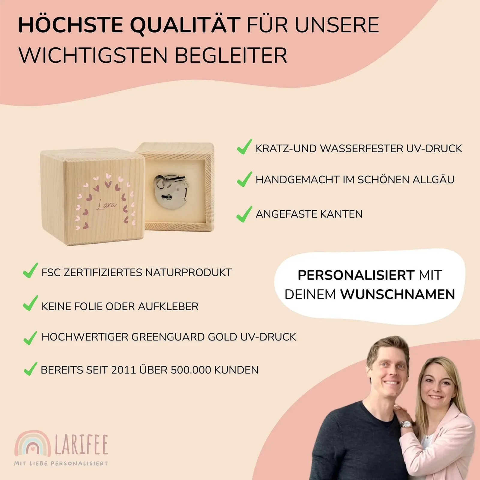 Копилка LARIFEE Rainbow Hearts кубическая деревянная с замком и ключом, фото №4