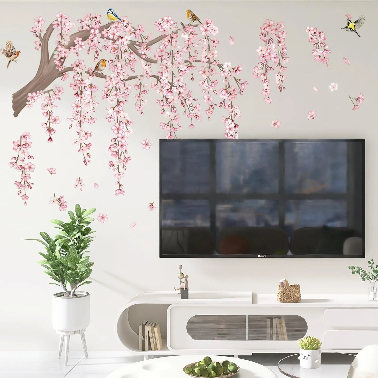 Наклейка на стіну Гілка квітучої сакури з птахами для дитячої спальні вітальні 30х90 см, фото №4