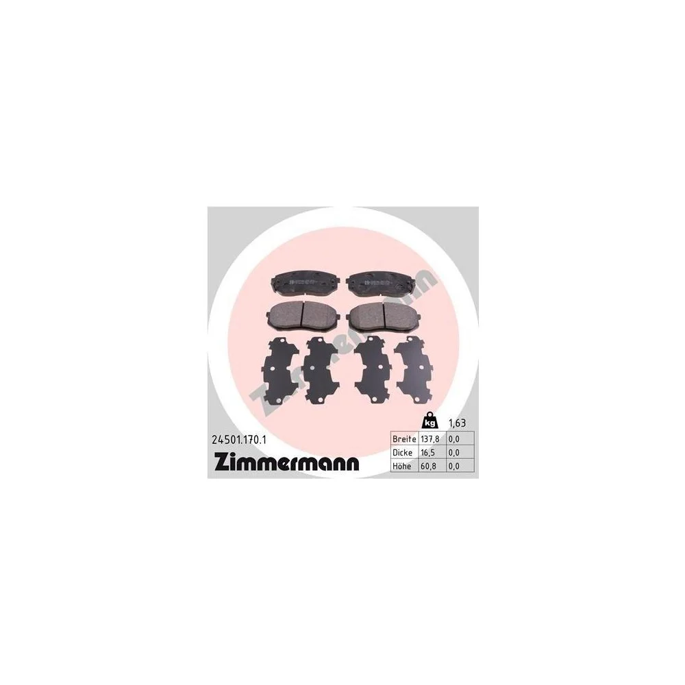 Комплект гальмівних колодок, дискове гальмо ZIMMERMANN 24501.170.1 для KIA, передній міст, фото №1