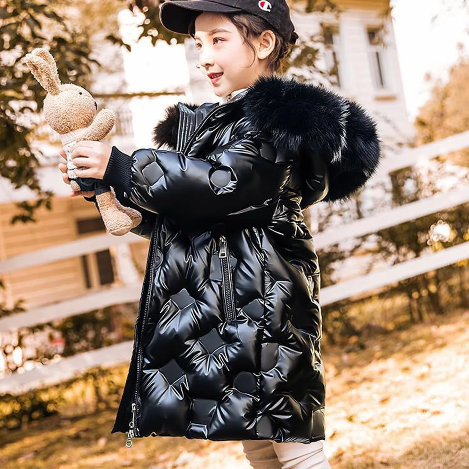 Куртка с капюшоном детская semen для девочек, теплая, из искусственного меха, стеганая, однотонная, толстая, блестящая, зимняя, фото №4