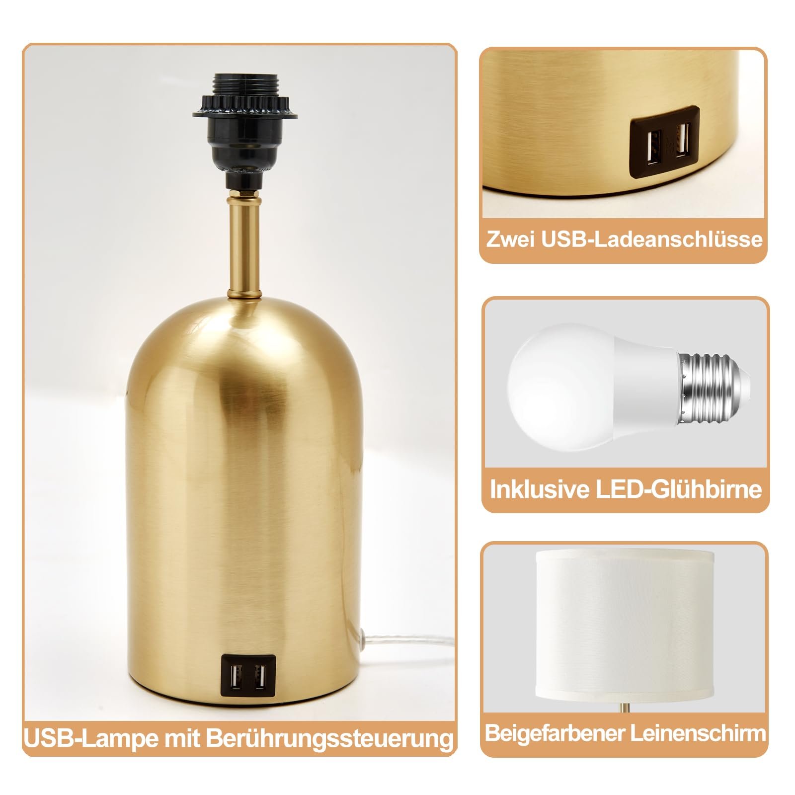 Настільна лампа GyroVu Modern Bedside Lamp з USB-портом, сенсорним керуванням та 3 рівнями яскравості, тканинний абажур золотиста основа, фото №5