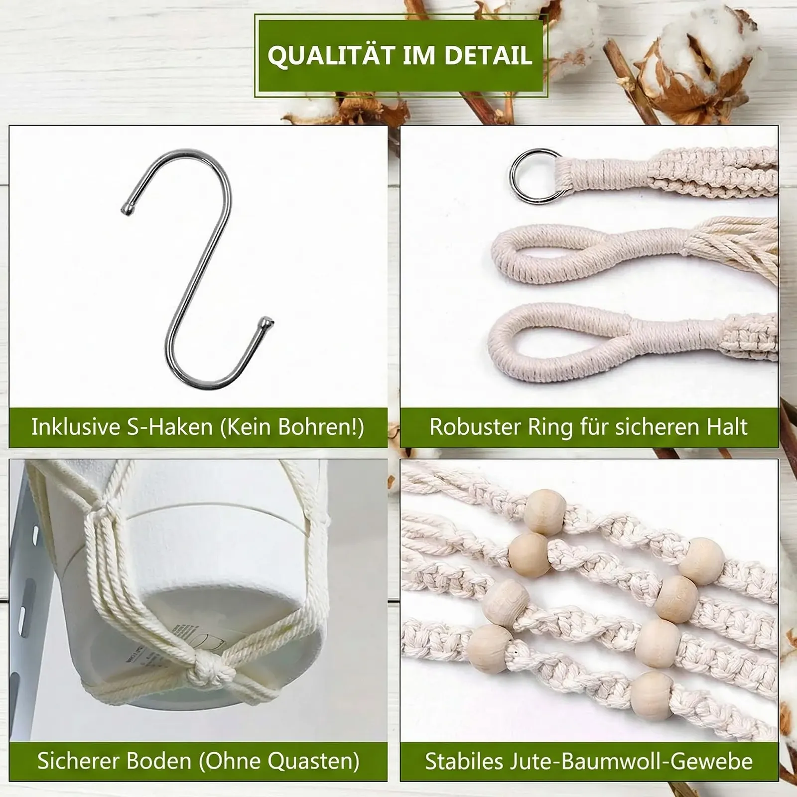 Подвесные корзины макраме AceList набор из 3 штук джутовый хлопок без кисточек Boho Cream, фото №4