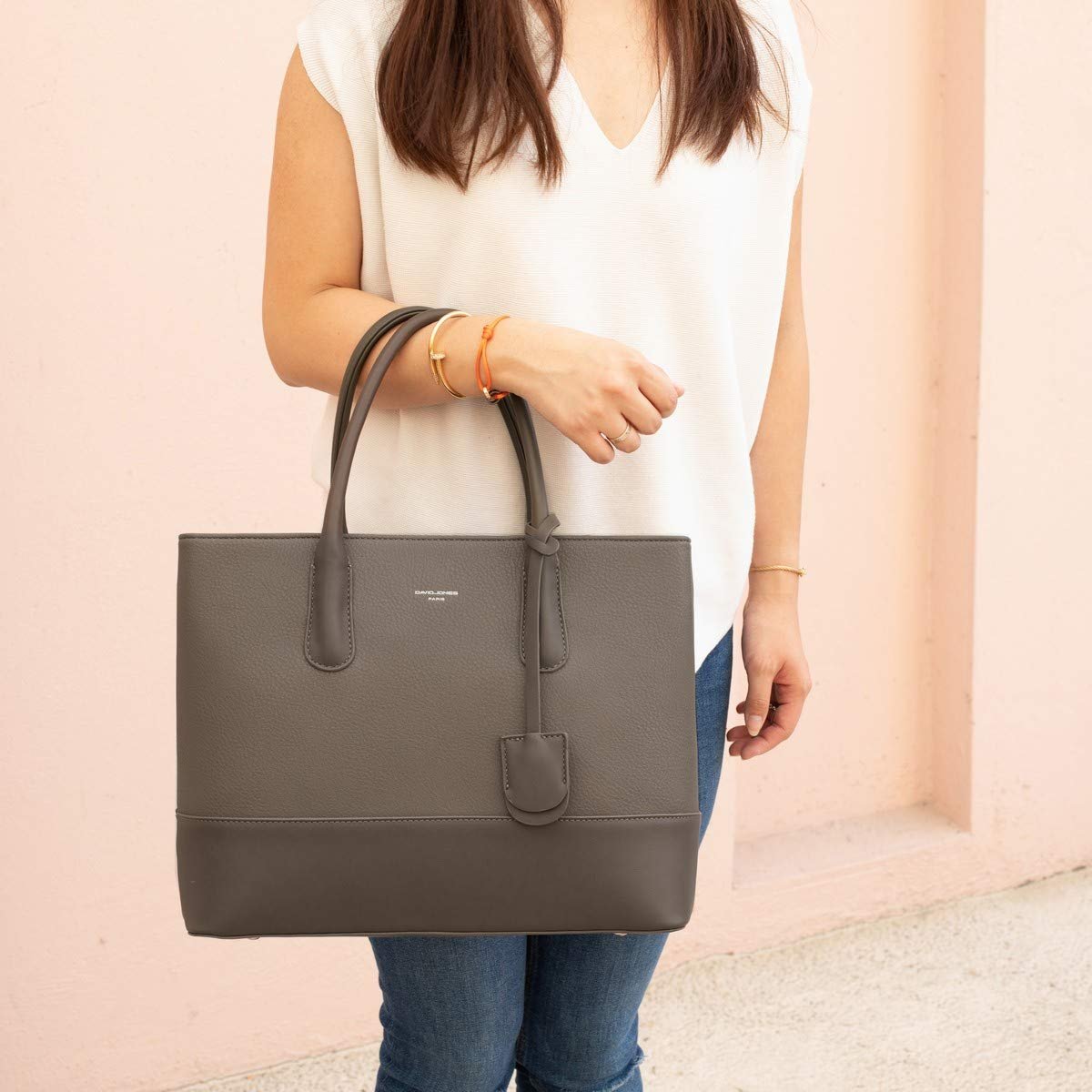 Сумка с верхней ручкой David Jones большая PU (полиуретан) кожа стиль натуральной кожи много карманов тоут сумка-шоппер для работы школы, Тауп коричневый, фото №3