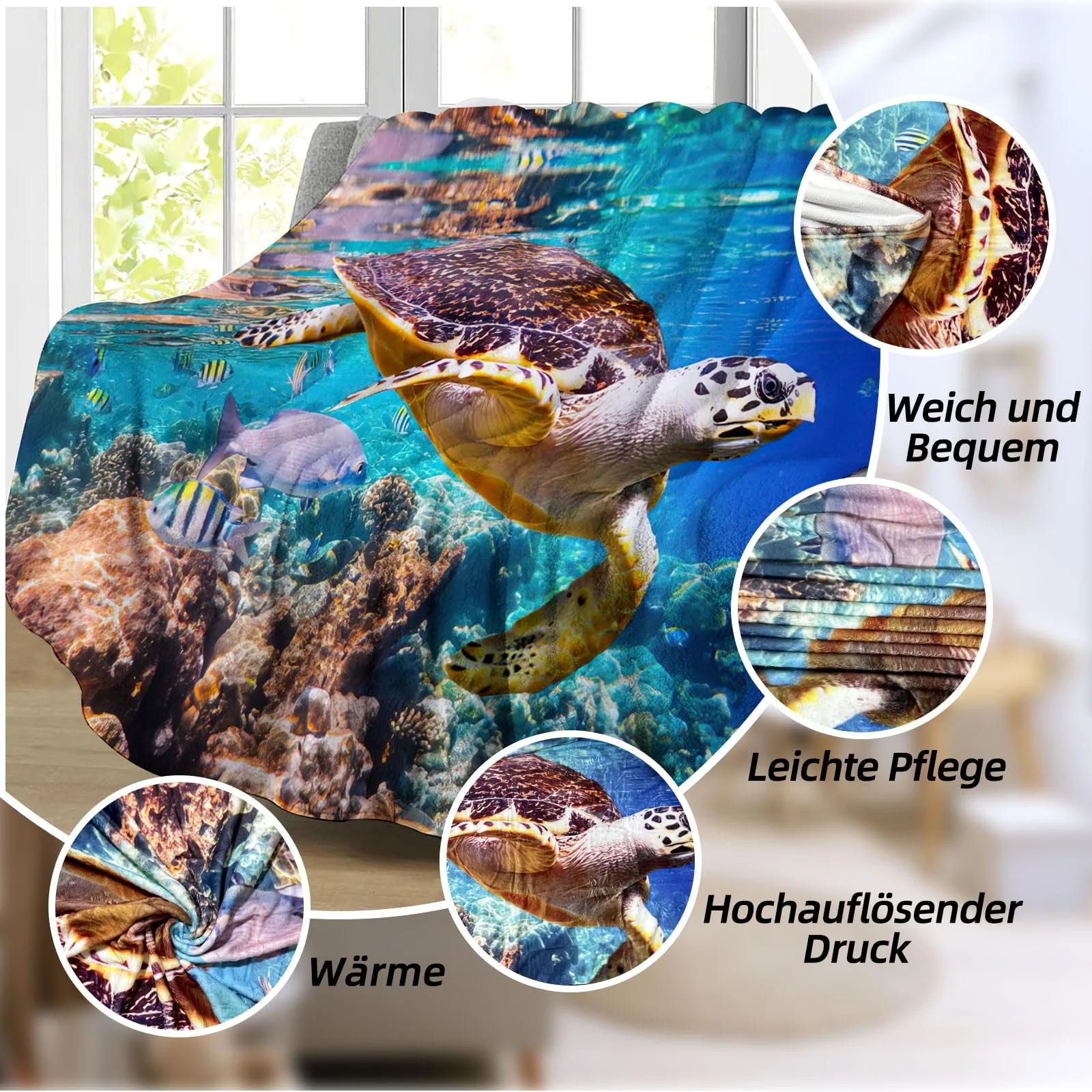 Одеяло BNREDA Мягкое, Черепаха, Животные в океане, Пушистое флисовое одеяло из фланели, Одеяло для дивана для детей и взрослых, 150 x 200 см, фото №3
