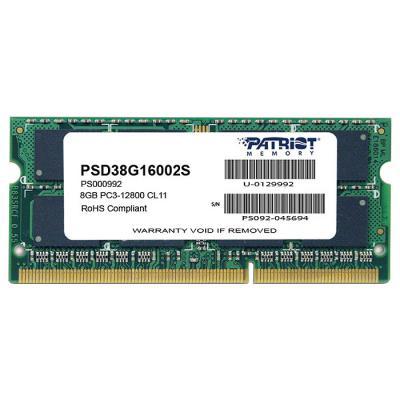 Оперативная память для ноутбука SoDIMM DDR3 8GB 1600 MHz Patriot PSD38G16002S, фото №1