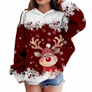 Детский рождественский джемпер, толстовка с капюшоном с мультяшным оленем, с длинными рукавами для мальчиков и девочек (2-12 лет) - Фото 1