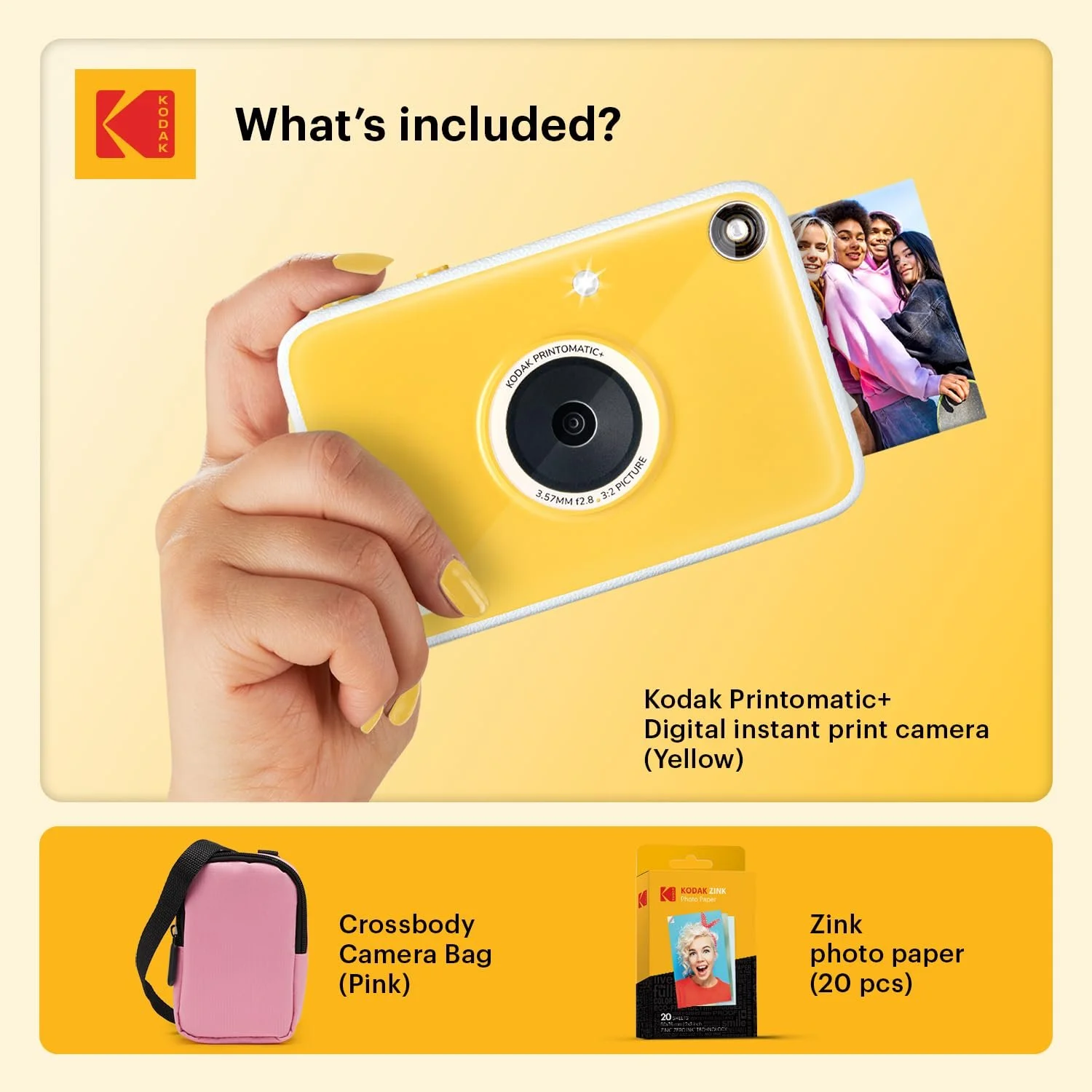 Фотокамера мгновенной печати Kodak Printomatic+ Starter Kit с чехлом (Pink) и 20 листами фотобумаги Zinc 10MP RGB LED Yellow, фото №2