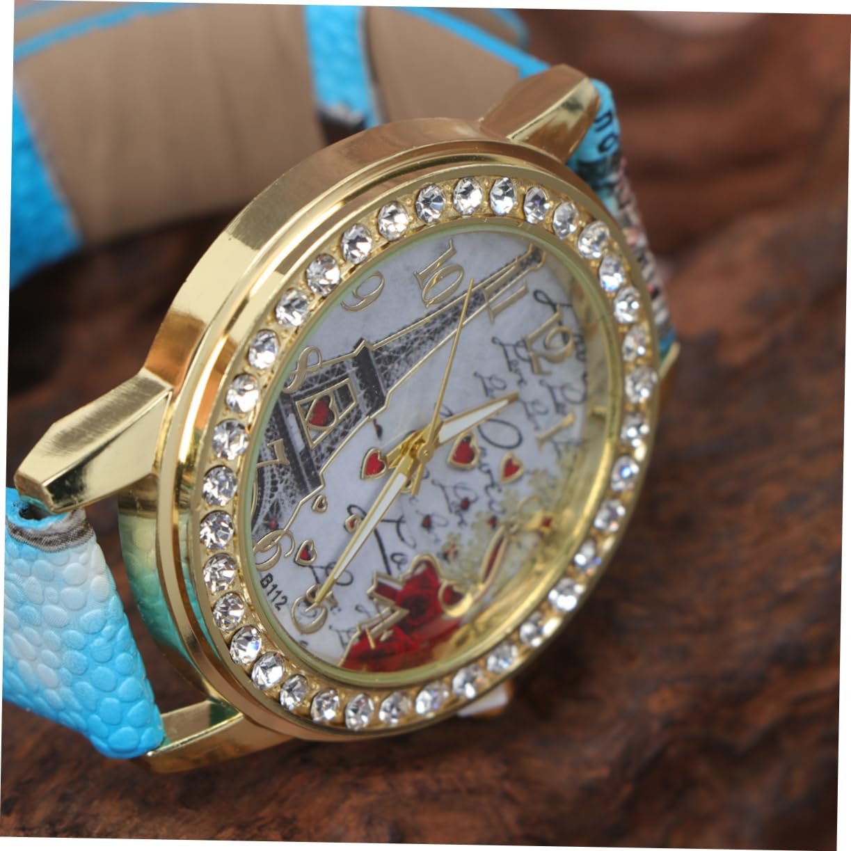 Женские часы PartyKindom с PU кожаным ремешком, регулируемыми стразами и мотивом сердца, аналоговые кварцевые часы, синий, фото №7