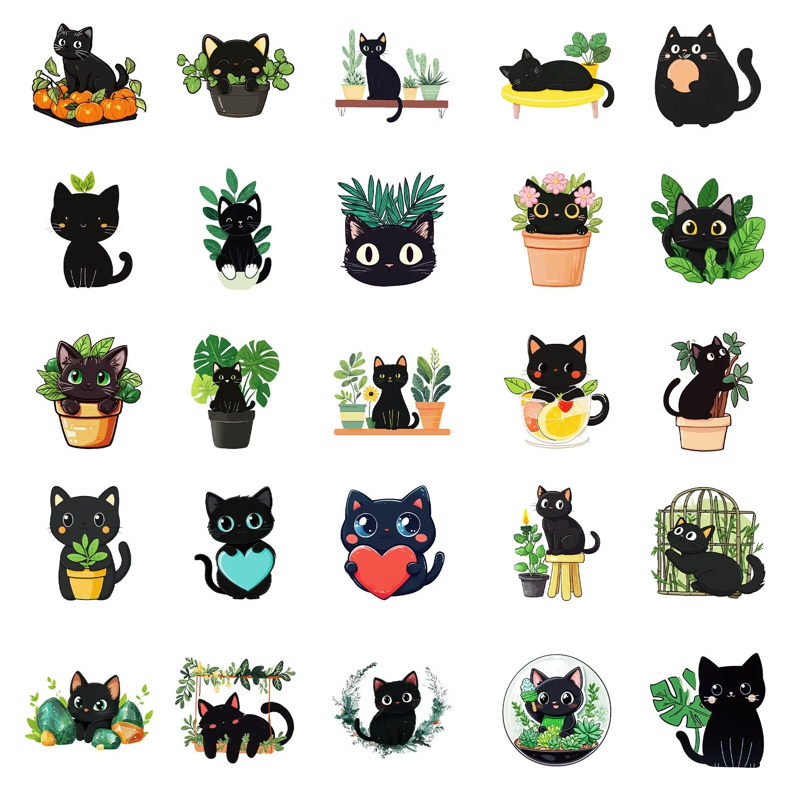 Набір стікерів «Чорні коти та рослини» Black Cat & Plants наклейки з мультяшними котами, милі мультяшні наклейки для ноутбука - 50 шт., фото №3