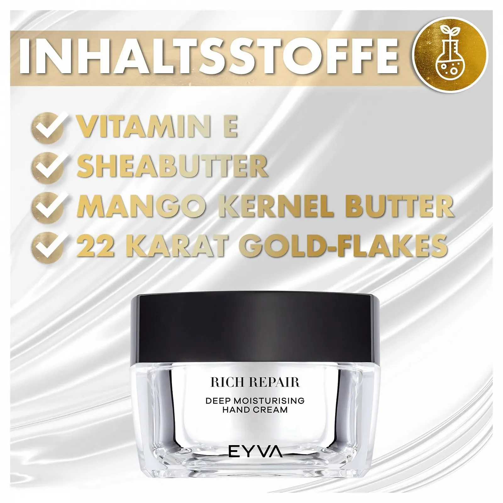 Крем для рук EYVA з маслом ши та пластівцями 22-каратного золота 50 мл, фото №4 Крем для рук EYVA з маслом ши та пластівцями 22-каратного золота 50 мл, фото №4