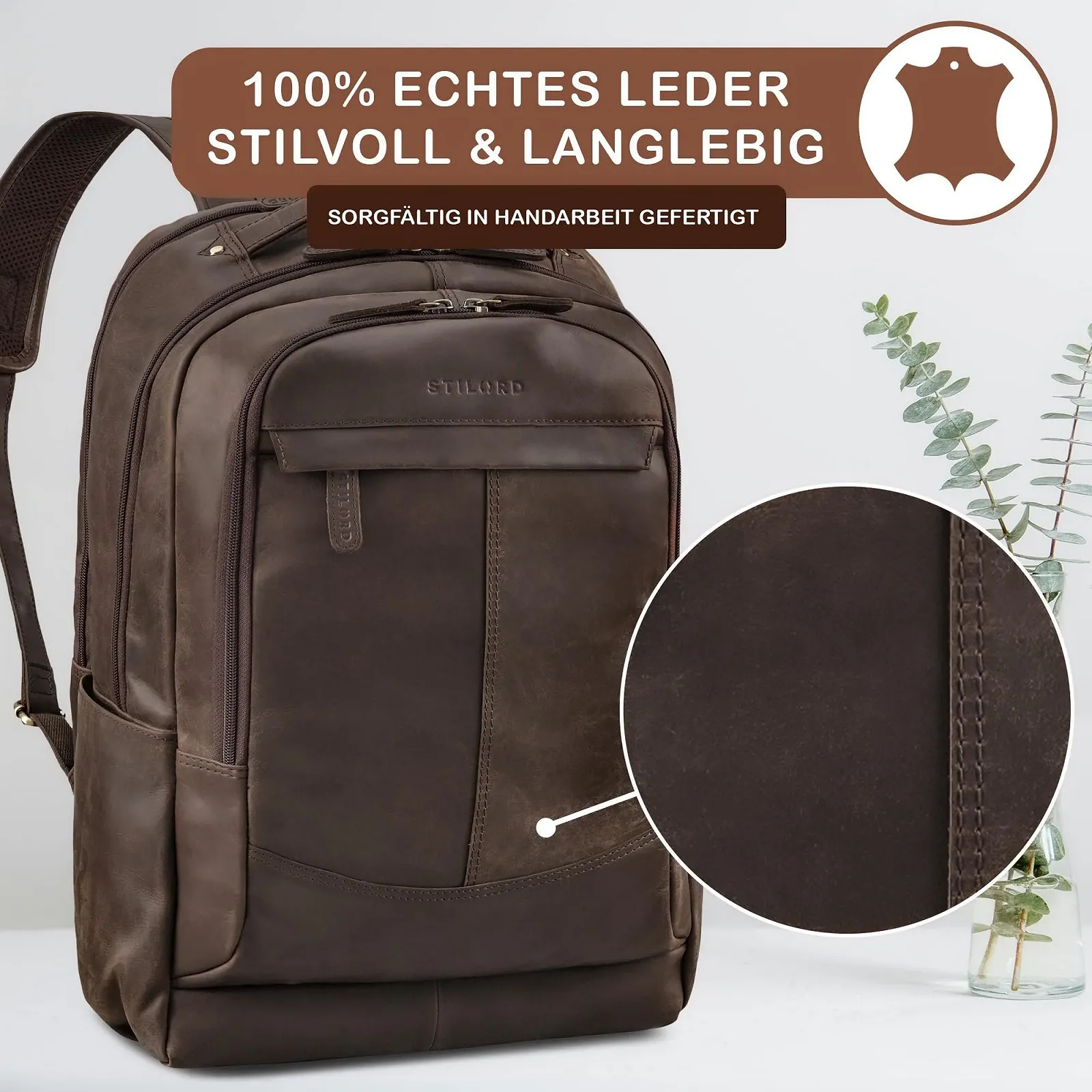 Рюкзак для ноутбука STILORD Premium XL Maxim кожаный винтажный 17-19 дюймов Zamora - Коричневый, фото №5