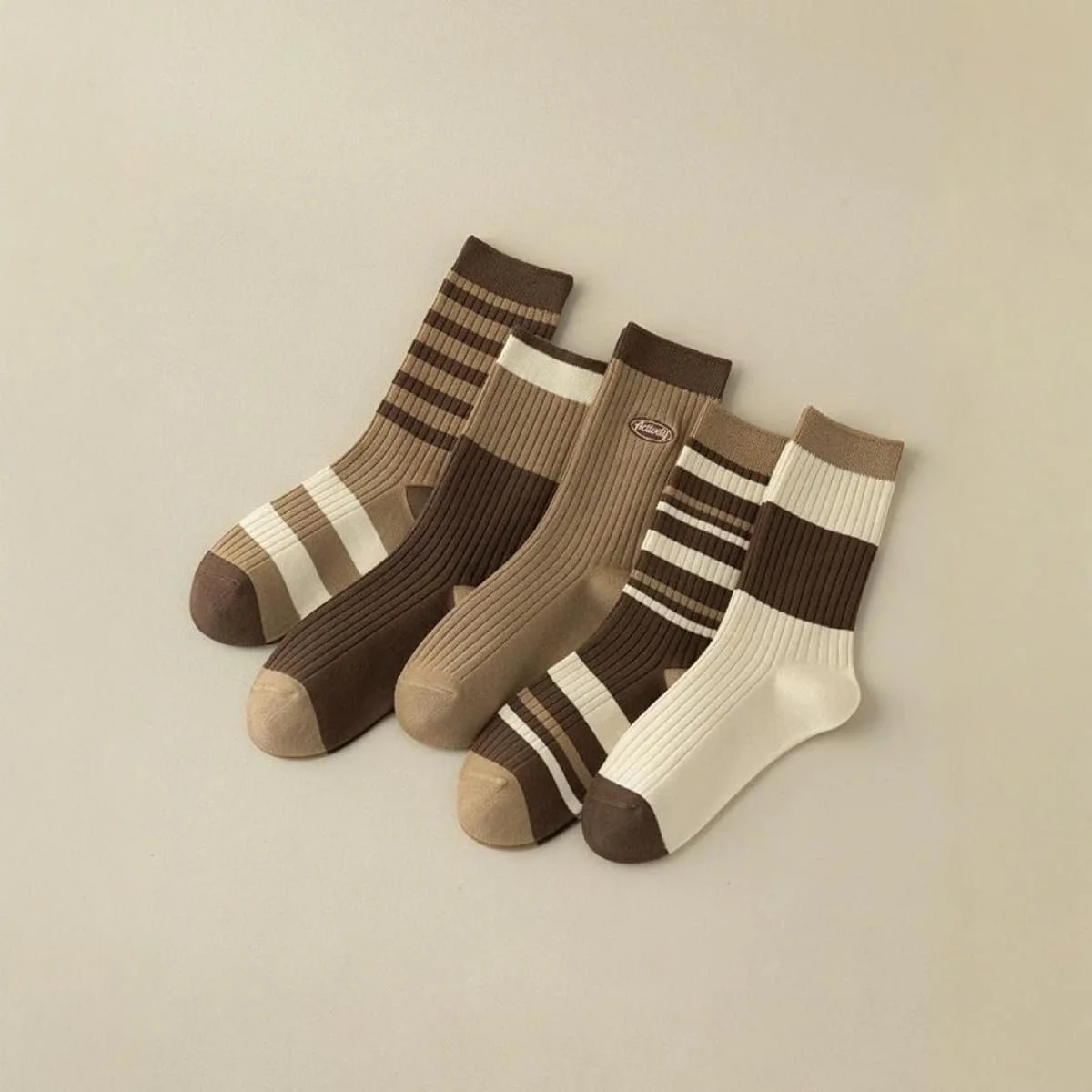 Женские носки в рубчик, набор 5 пар - коричневые и бежевые полоски, фото №3