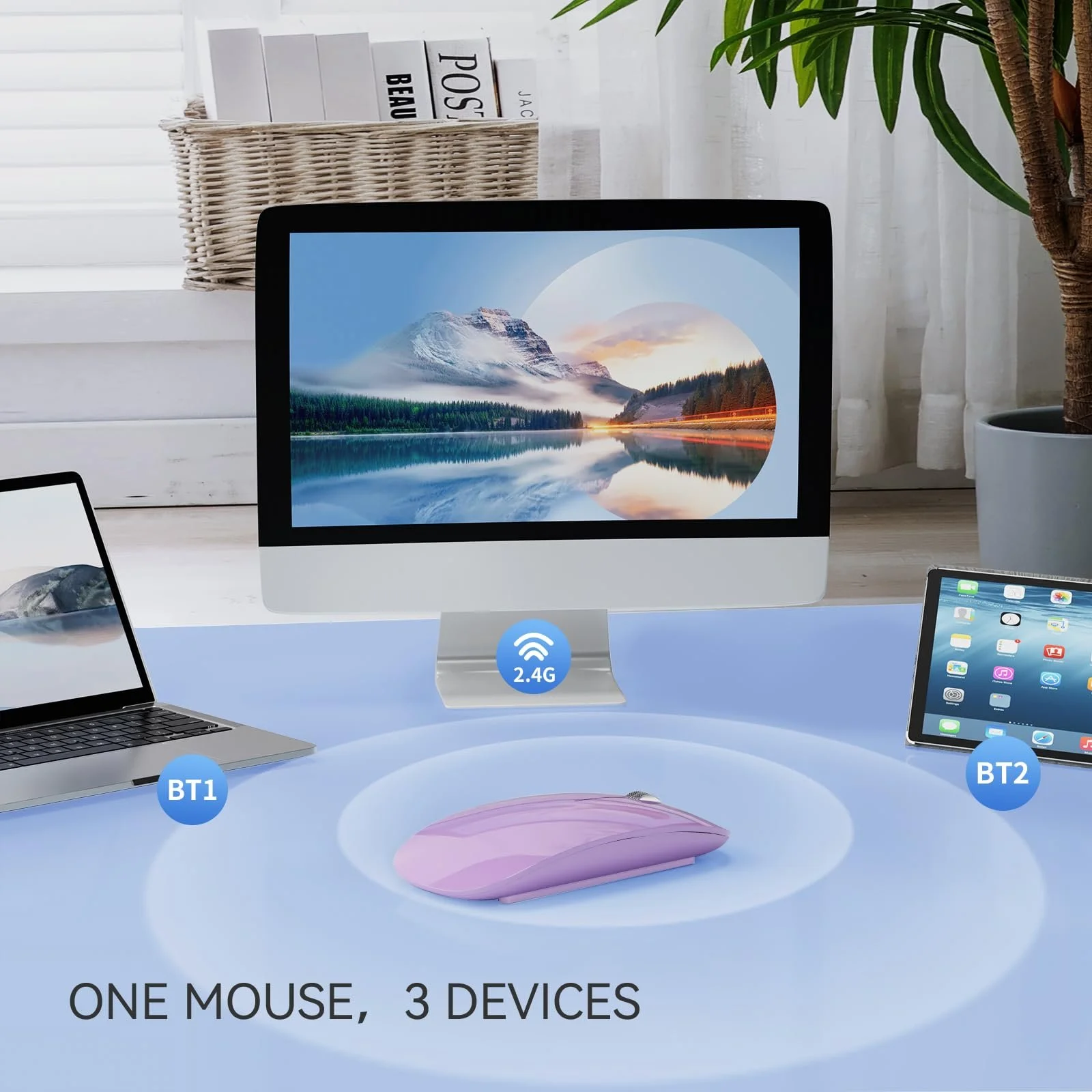 Миша Uiosmuph Бездротова Bluetooth з USB Nano Приймачем Tri-Mode (Dual Bluetooth 5.1 + 2.4GHz) Тиха Акумуляторна для Ноутбука, ПК, iPad, Mac Фіолетова, фото №4