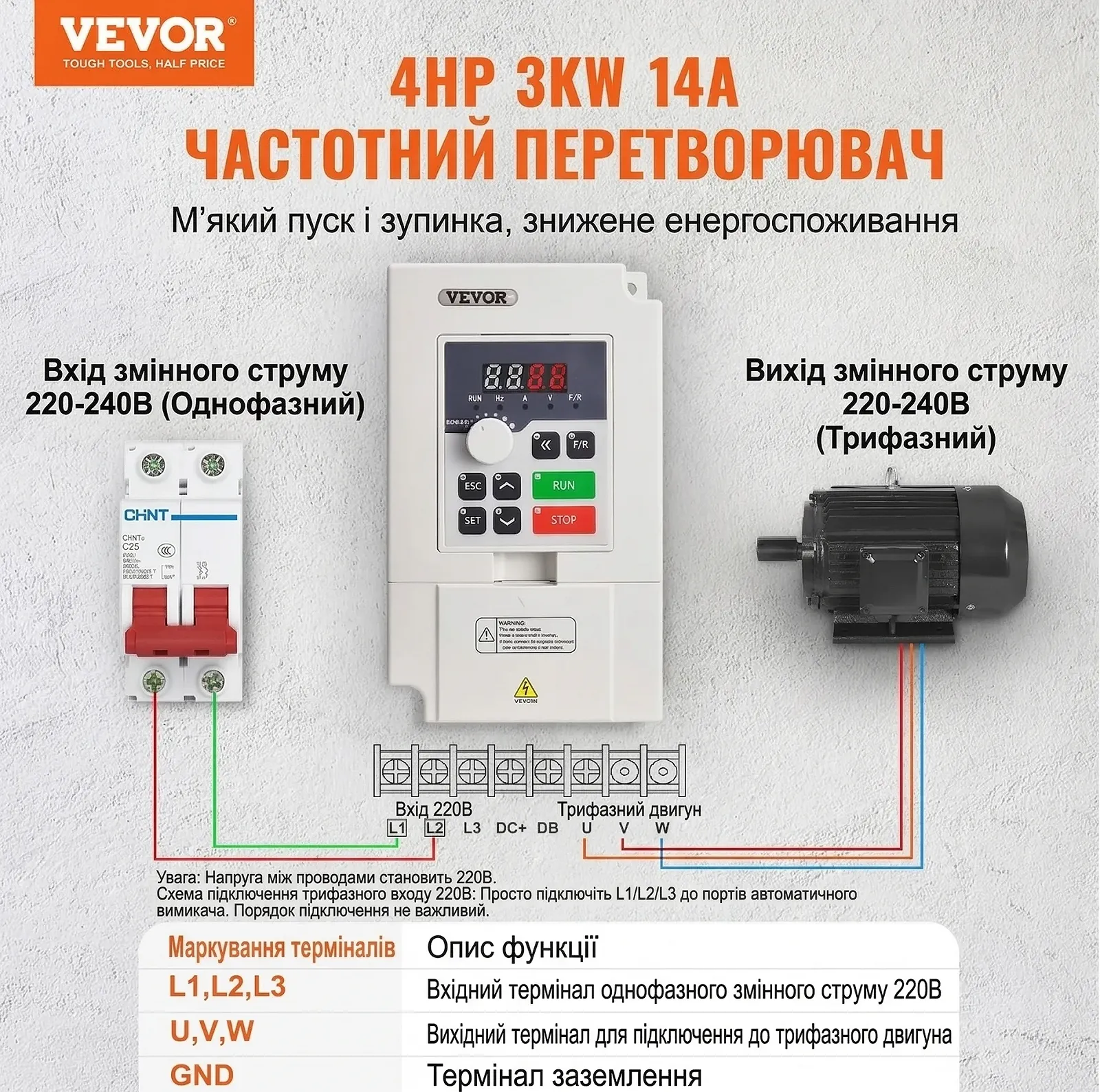 Частотный преобразователь VEVOR 3 кВт / 4 л.с. / 220 В / 14 А / 0–2000 Гц / Серый, фото №3