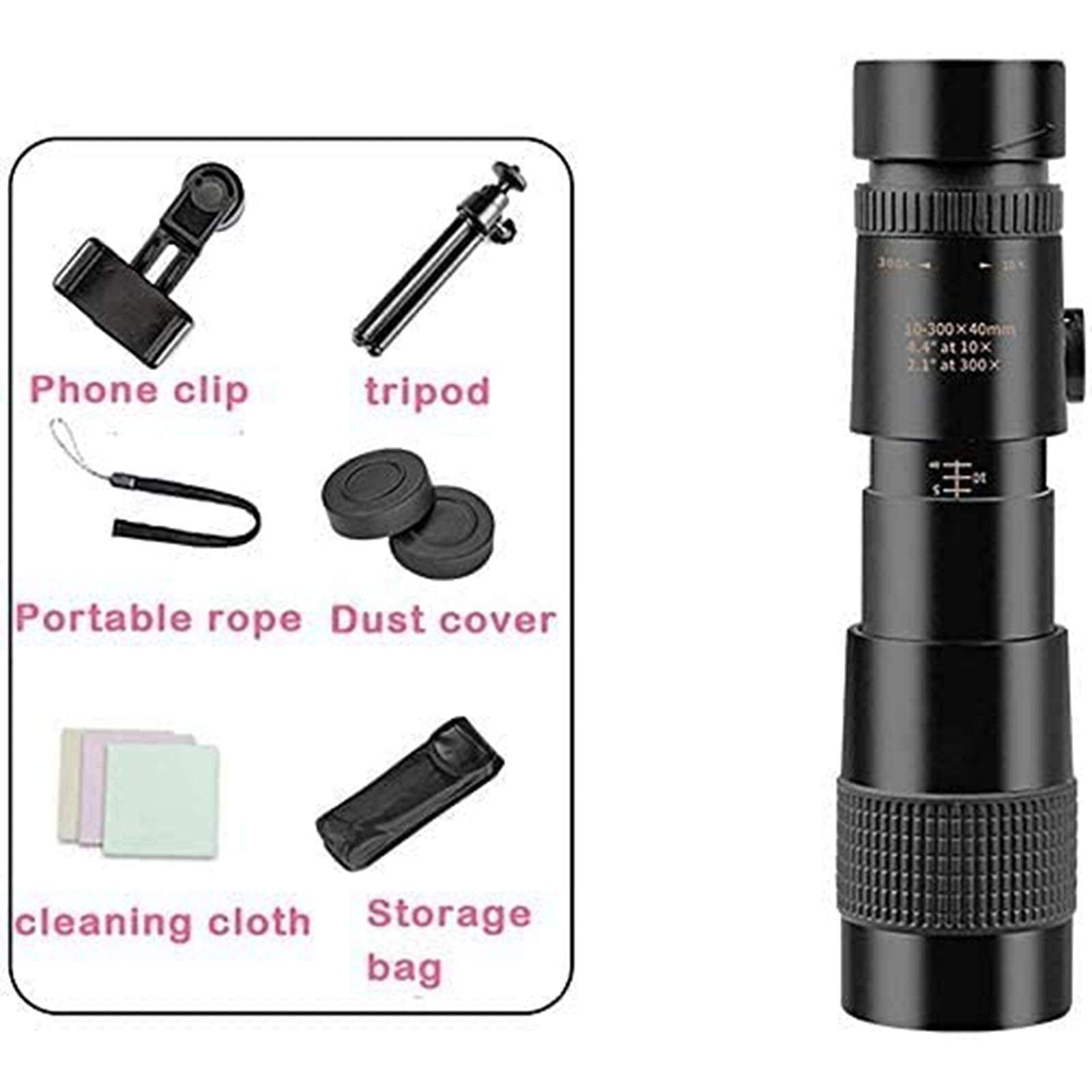 Монокуляр Super Telephoto Zoom HD Monocular 10-300x40 мм, з адаптером для смартфона, штативом, монокулярний телескоп для підняття в гори, спостереження за птахами, футбол, фото №7