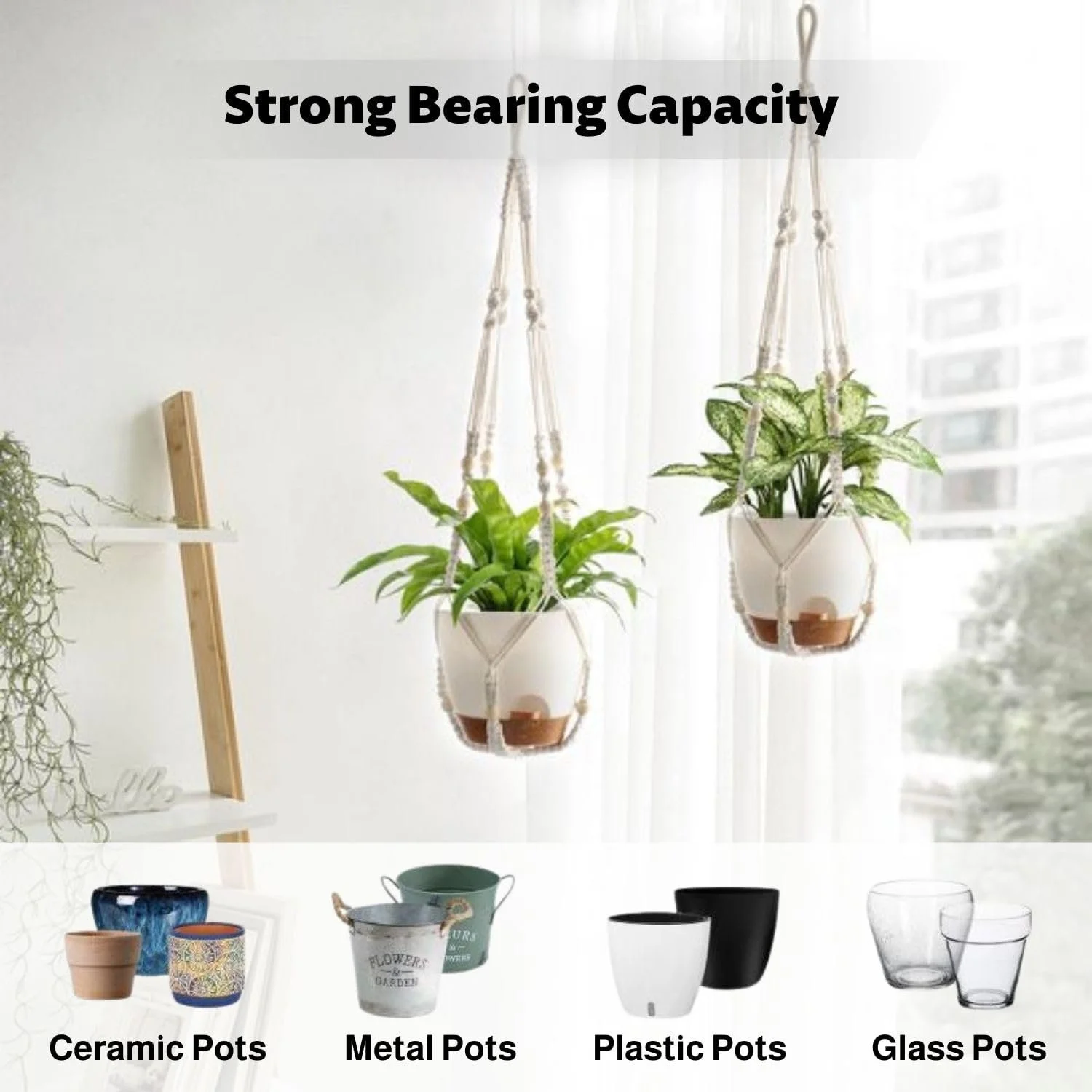 Підвісне кашпо Macrame 90 см бавовняне мотузяне Бежеве, фото №5 Підвісне кашпо Macrame 90 см бавовняне мотузяне Бежеве, фото №5