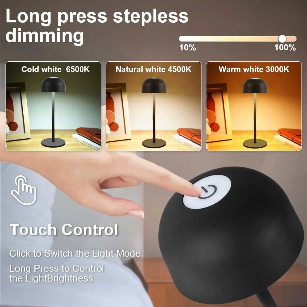 Настільна лампа HOTUT LED акумуляторна регульована висота сенсорна з димуванням Чорна, фото №3