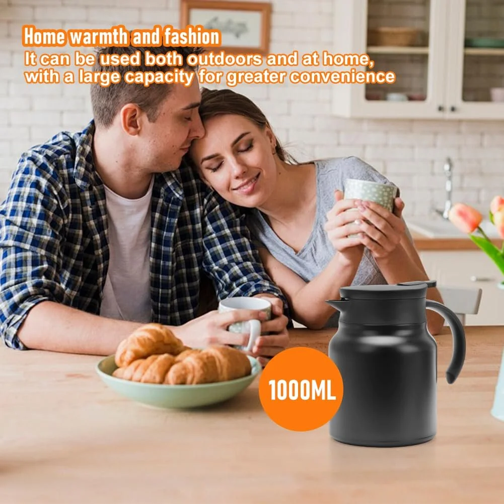 Кофейник RANJIMA 1000 мл, Термокофейник, Черный термос-колба со вставкой-фильтром, Чайник из нержавеющей стали с двойными стенками для горячих напитков, Изолированный кувшин для кофе, чая, молока, фото №6