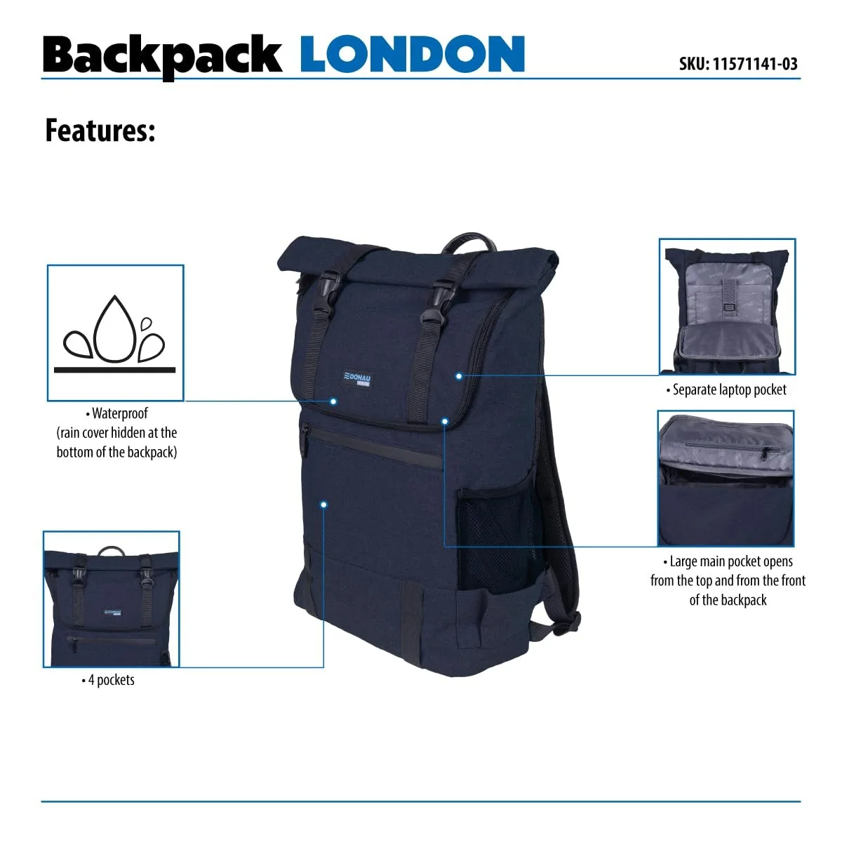 Рюкзак для ноутбука DONAU TRAVEL London 15.6" 18L Водонепроникний Темно-синій, фото №3