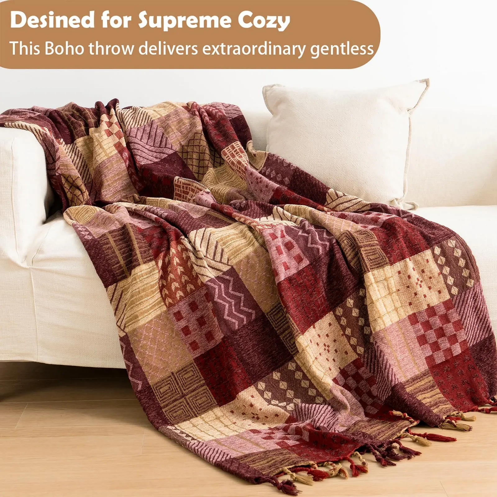 Покрывало VANJOROY Богемный стиль Большое лоскутное одеяло с кисточками для 2 3-местного дивана 100% Мягкий многофункциональный коврик для кровати из синели (220x260см), фото №7