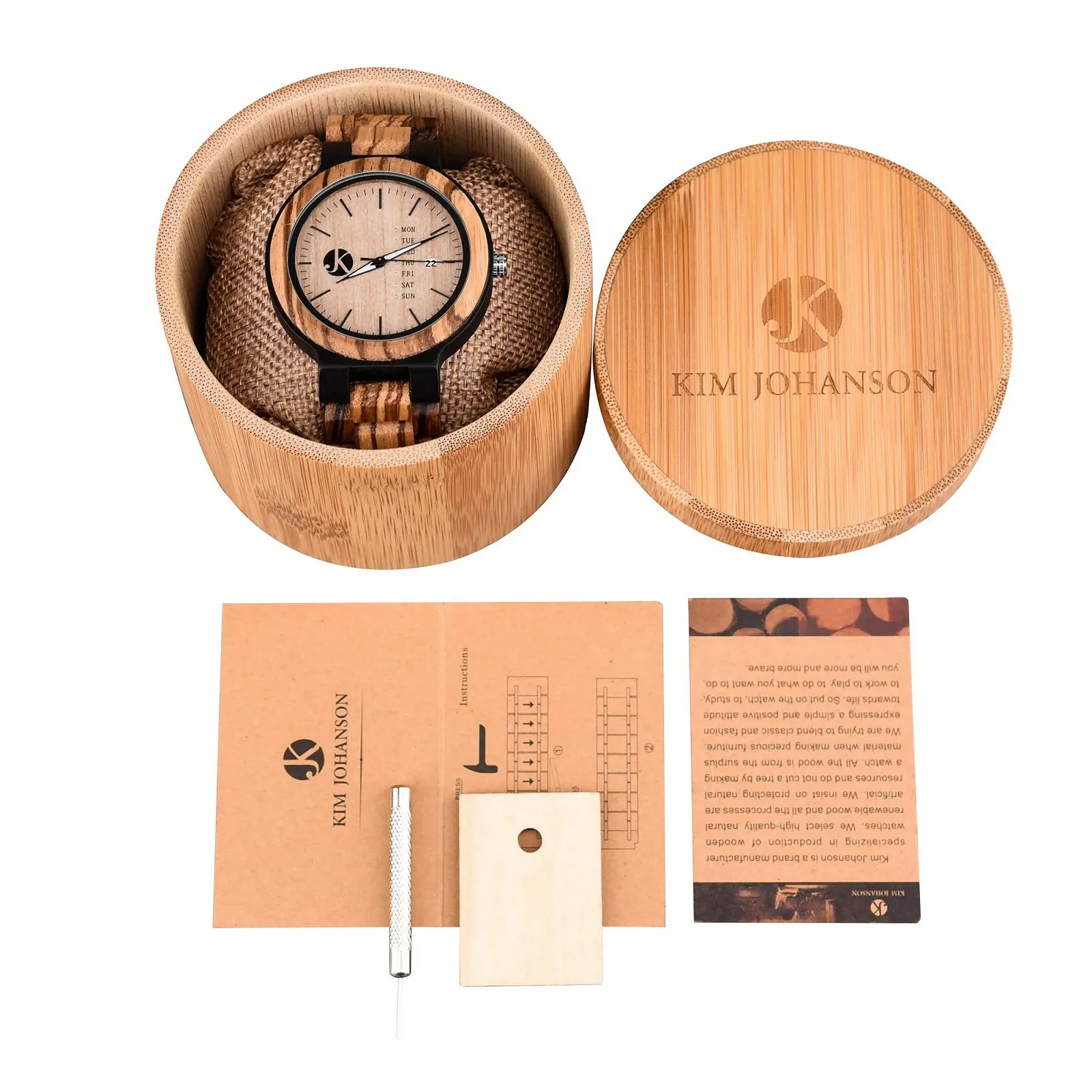 Мужские часы Kim Johanson Деревянные Сталь *Light Week* с датой и днем Недели Кварцевые Аналоговые Веганские Коричневые, фото №3 Мужские часы Kim Johanson Деревянные Сталь *Light Week* с датой и днем Недели Кварцевые Аналоговые Веганские Коричневые, фото №3