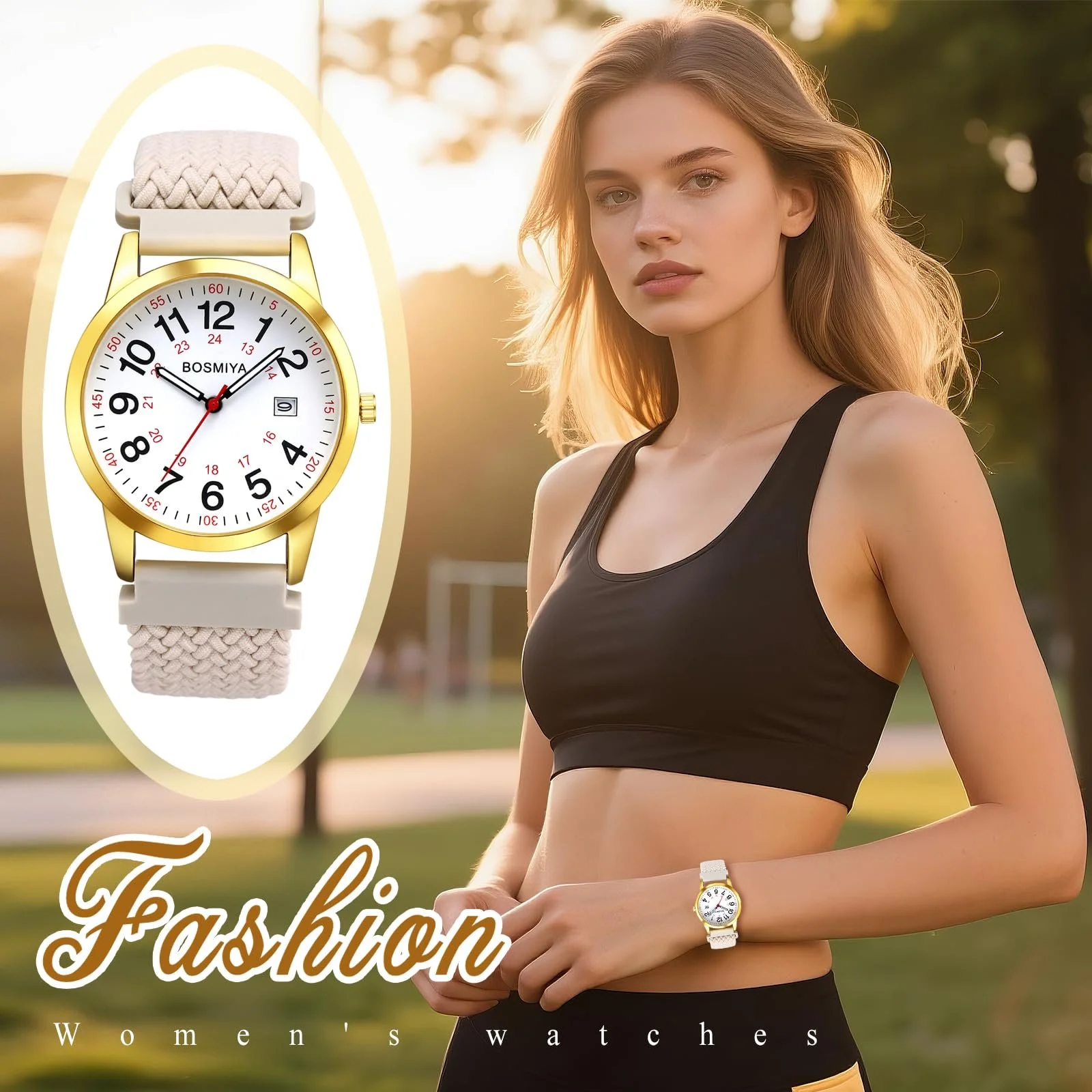 Часы плетеные JewelryWe женские/мужские эластичные календарь аналоговые кварцевые наручные часы тканевый ремешок большой циферблат с 12/24 часовым форматом, фото №7 Часы плетеные JewelryWe женские/мужские эластичные календарь аналоговые кварцевые наручные часы тканевый ремешок большой циферблат с 12/24 часовым форматом, фото №7