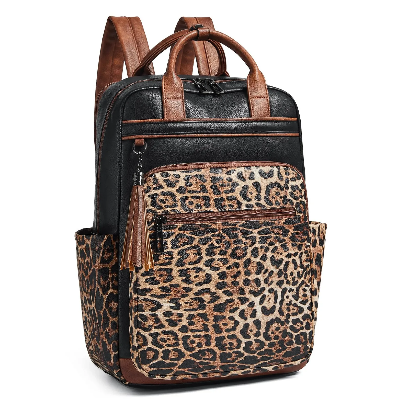 Рюкзак для ноутбука Shrrie 15.6 дюйма жіночий шкіряний Black with Leopard Print, фото №1