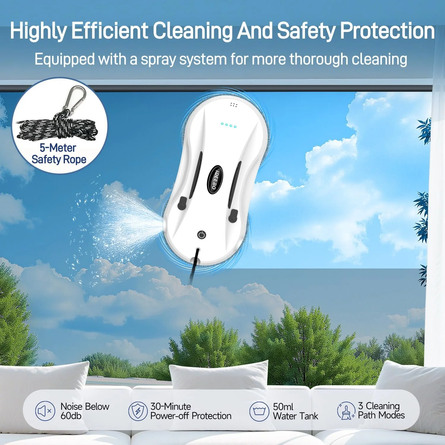 Робот для миття вікон iDEEBO з автоматичним розпилювачем води, інтелектуальною навігацією, електричний робот для миття вікон для внутрішніх і зовнішніх вікон, скла, плитки, фото №2 Робот для миття вікон iDEEBO з автоматичним розпилювачем води, інтелектуальною навігацією, електричний робот для миття вікон для внутрішніх і зовнішніх вікон, скла, плитки, фото №2