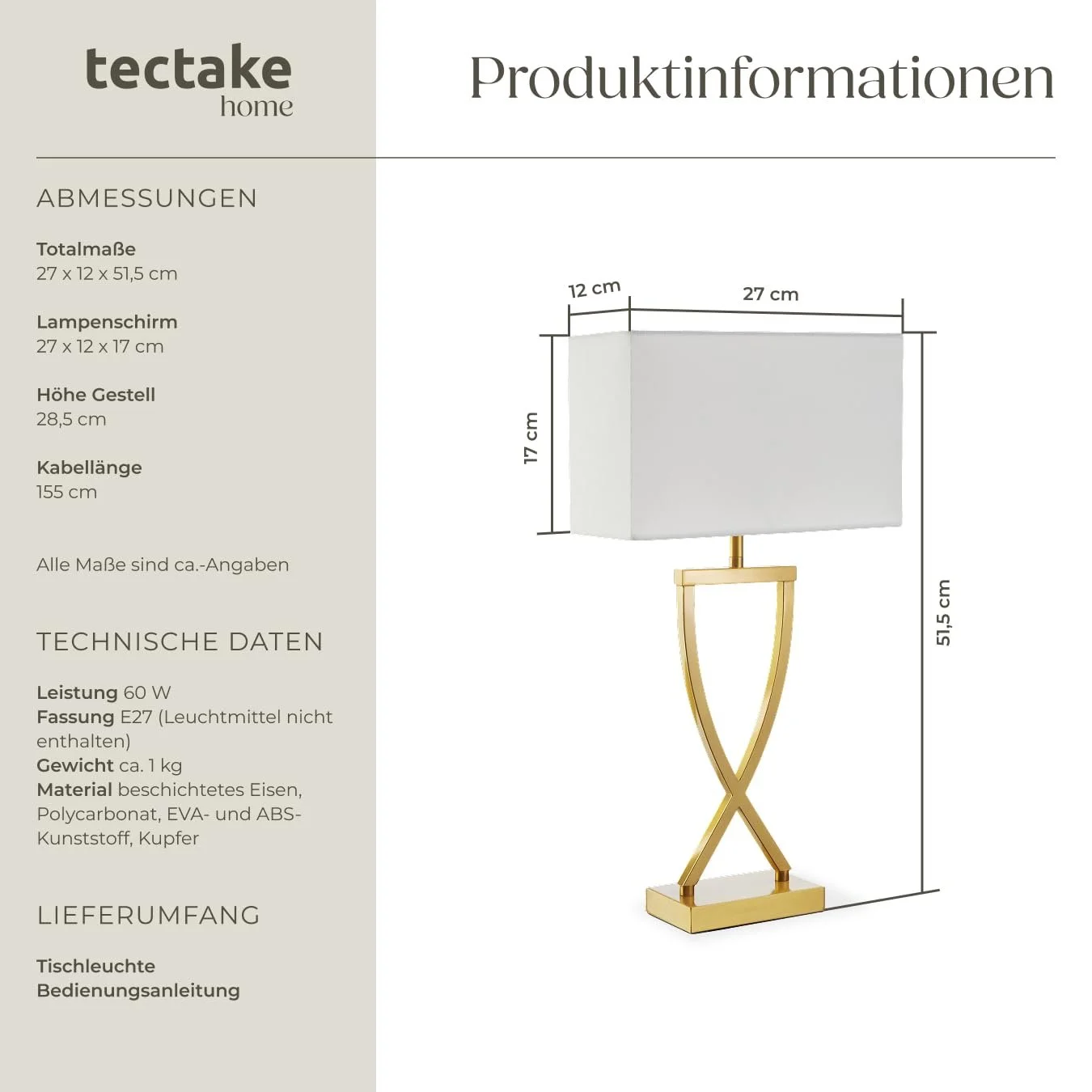Настільна лампа tectake Приліжкова тканинний абажур E27 вимикач на кабелі 27 x 12 x 51.5 см Латунь, фото №5