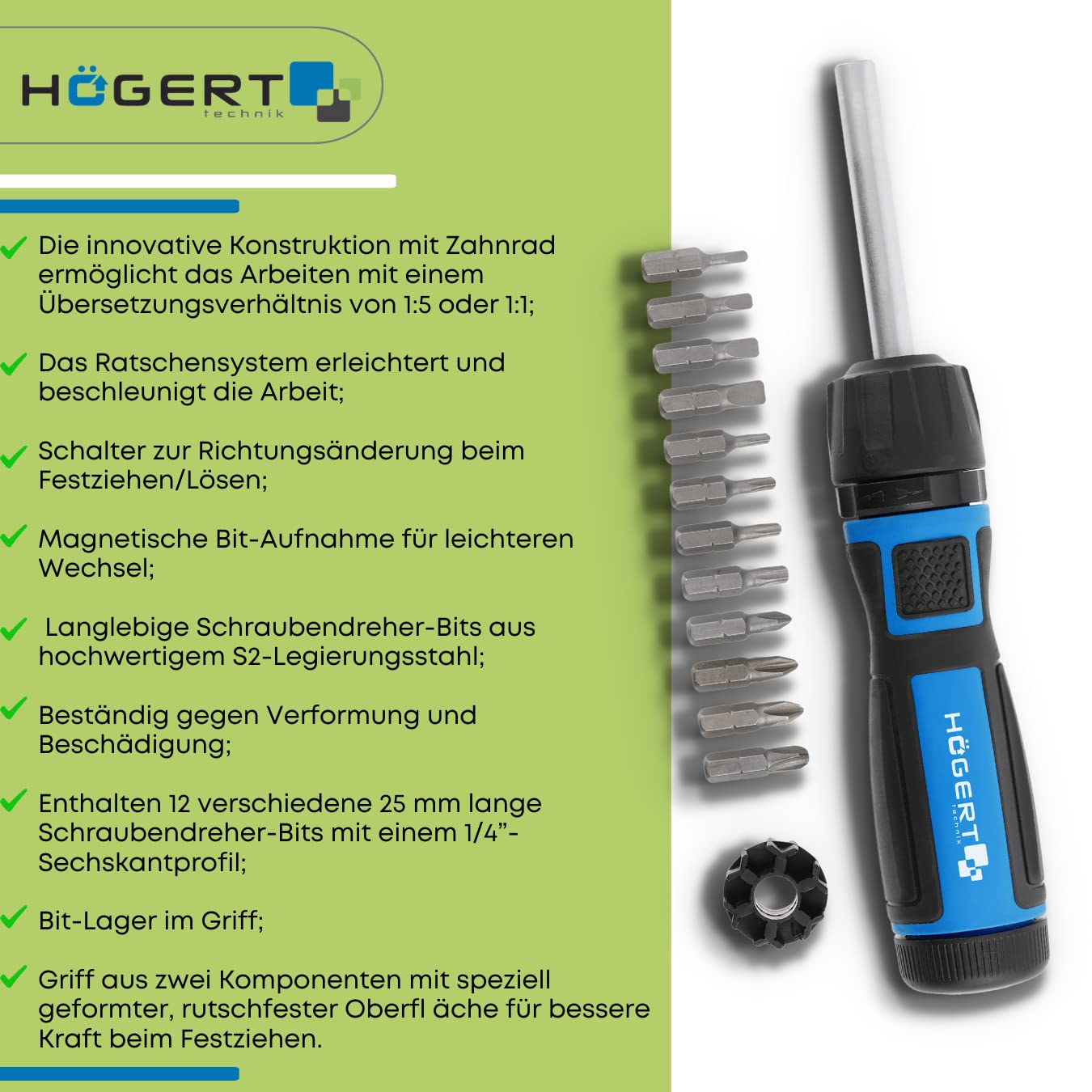 Набір викруток Högert HT1S215 з інноваційною конструкцією з зубчастим колесом дозволяє працювати з передавальним відношенням 1:5 або 1:1, фото №2
