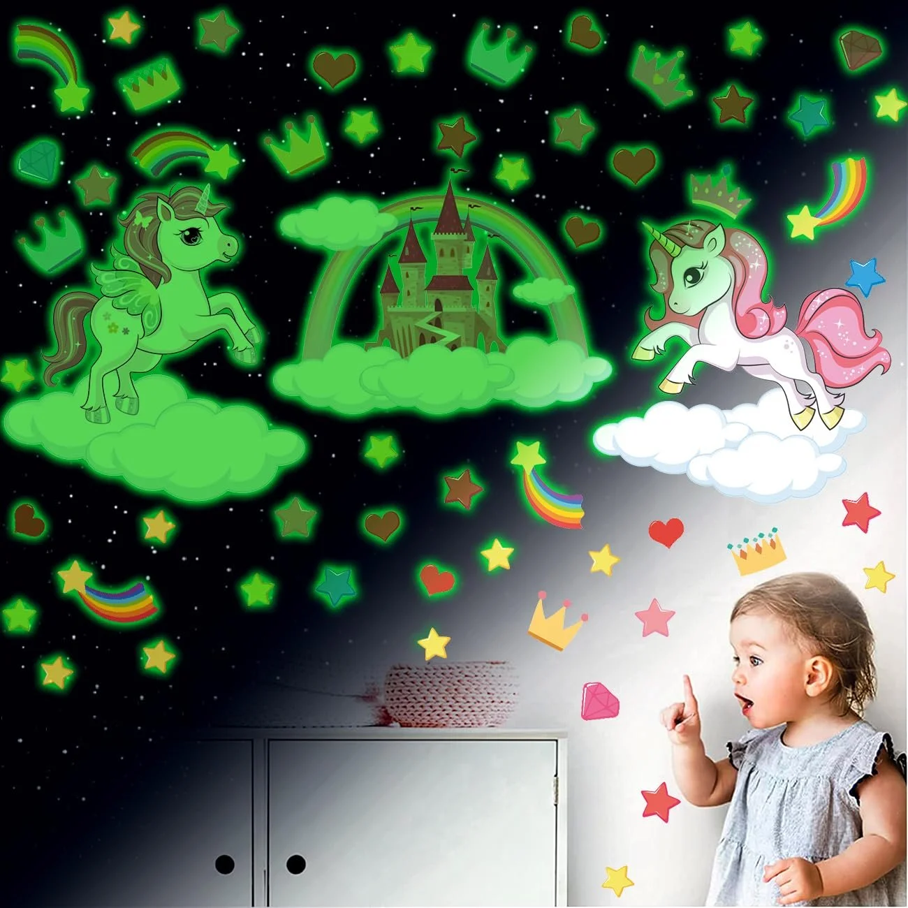 Наклейка на стіну KAIRNE Зірки, що світяться, та єдиноріг Рожева, фото №1