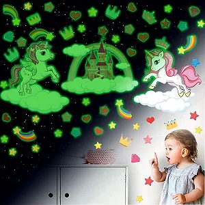 Наклейка на стіну KAIRNE Зірки, що світяться, та єдиноріг Рожева - Фото 1