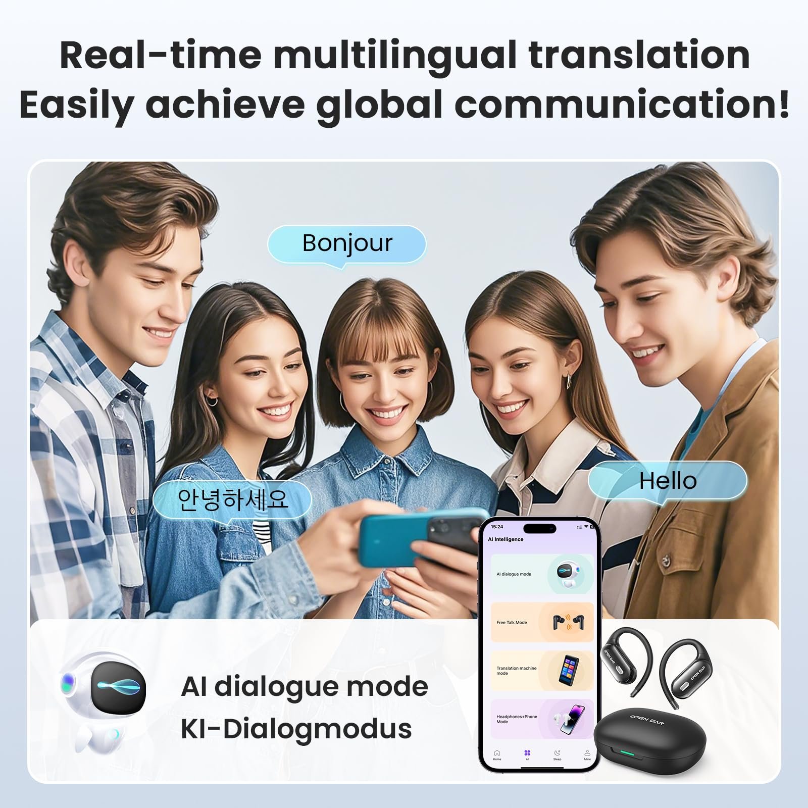 Наушники-переводчики AI Voice, 3 в 1 Bluetooth 5.4, 150 языков и переводчик акцентов в реальном времени, поддержка музыкальных звонков, идеально подходят для путешествий, обучения, бизнеса, фото №7