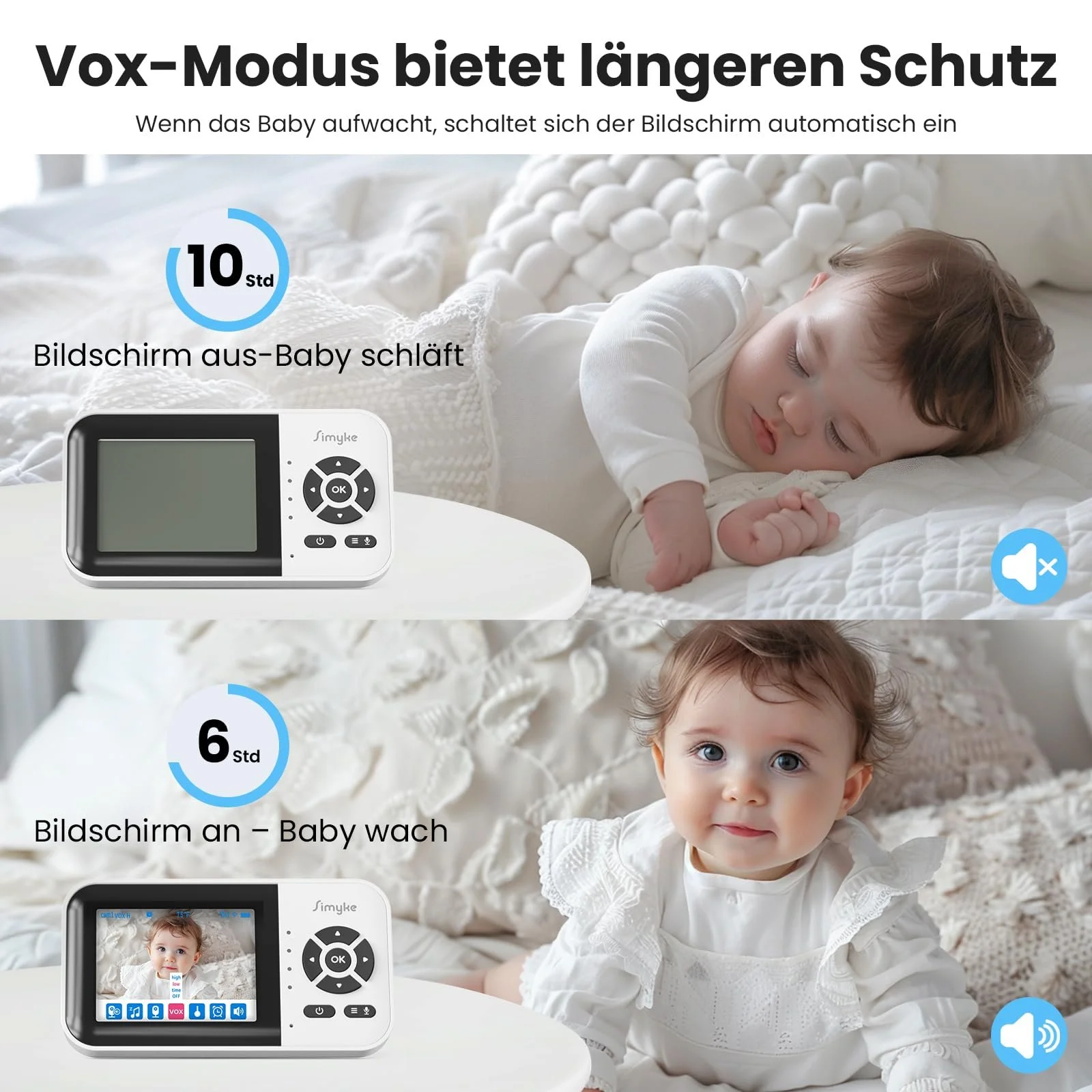 Видеоняня Simyke Smart BabyMonitor 1080p 2 камеры WiFi 2.4 GHz 300 м датчик температуры 2500 мАч, фото №5 Видеоняня Simyke Smart BabyMonitor 1080p 2 камеры WiFi 2.4 GHz 300 м датчик температуры 2500 мАч, фото №5