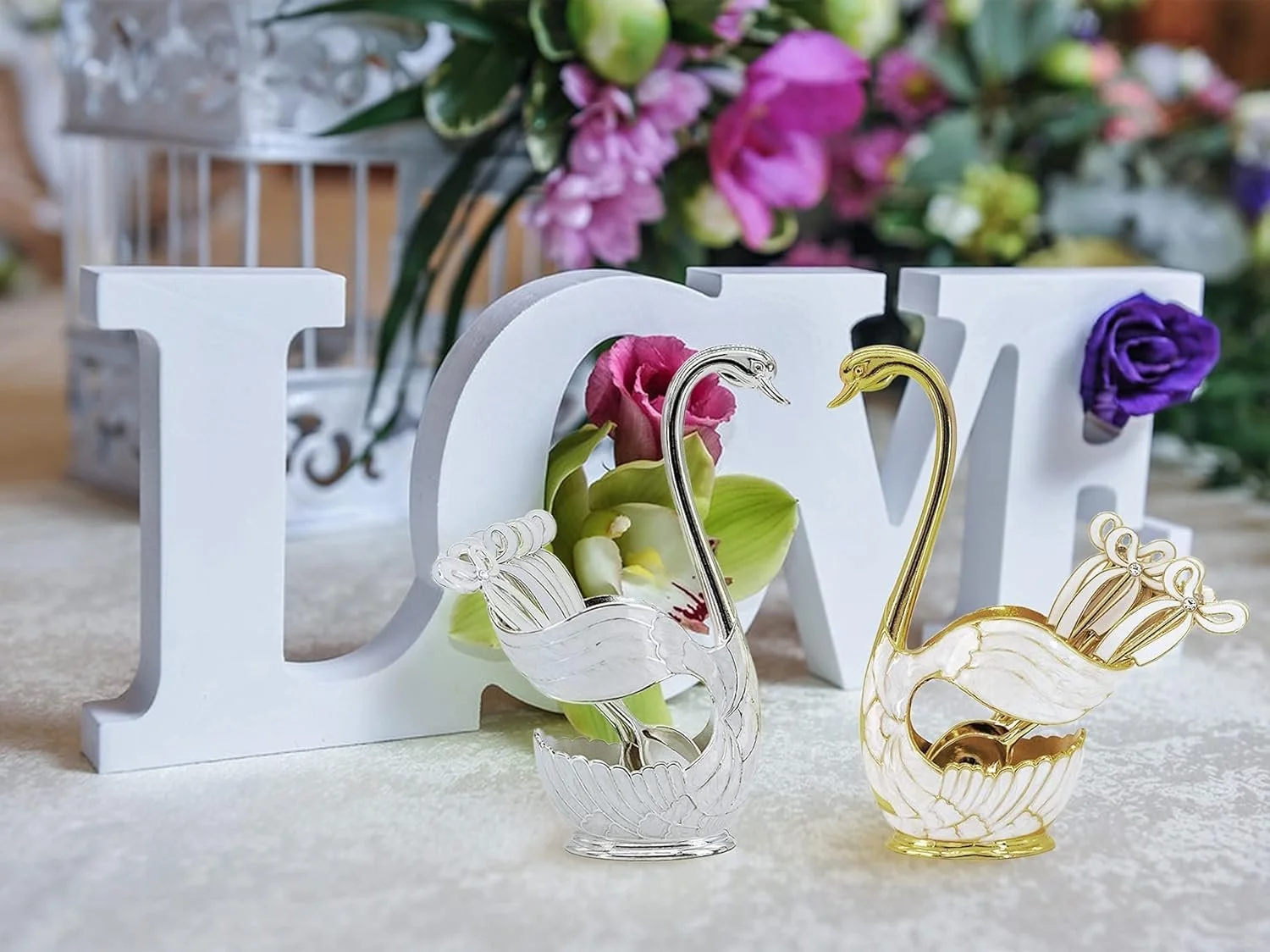 Ложка для кави з підставкою у формі лебедя набір 6 шт. Сріблястий (3 ложки, 3 виделки), фото №5