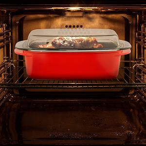 Гусятница Relaxdays с крышкой антипригарное покрытие литой алюминий и стекло красная 15 x 39.5 x 22.5 см synthetic.ua - Фото 1