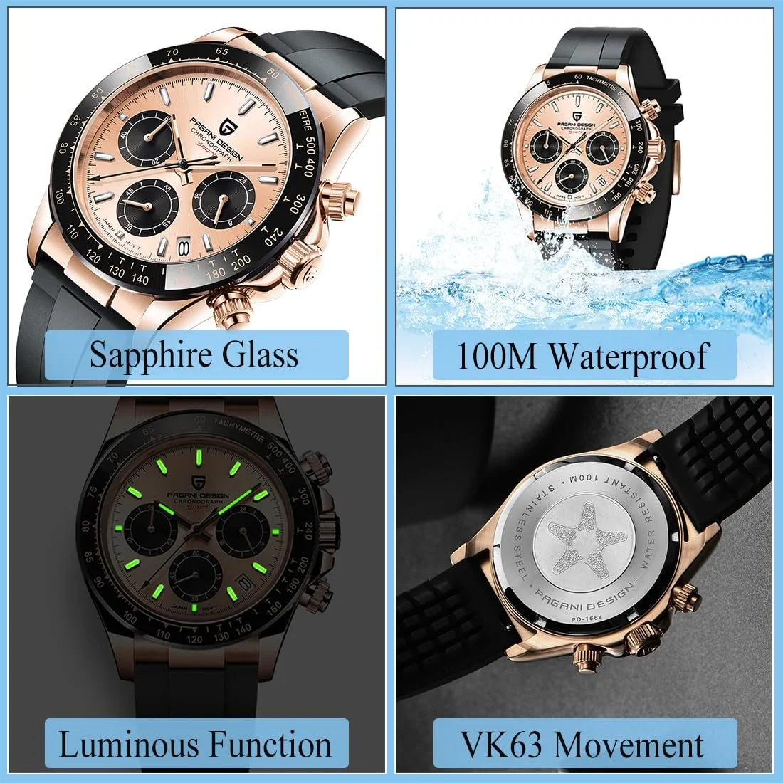 Часы Pagani Design Мужские VK63 Механизм Daytona Chronograph Homage Кварцевые Керамический Безель Нержавеющая Сталь Спортивный Резиновый Ремешок Водонепроницаемые Дайвинг, фото №5