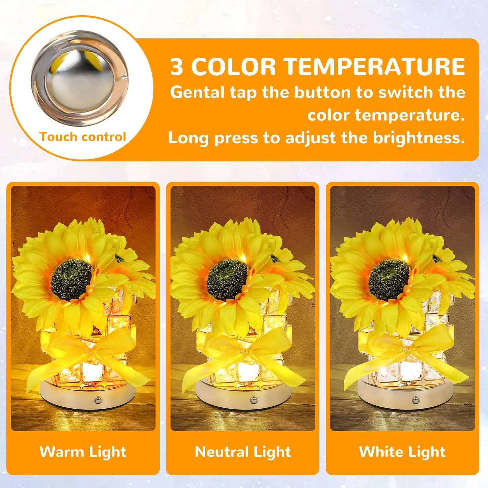 Настільна лампа-нічник Sunflower Flower USB Rechargeable Touch Control 3 Colours Crystal Ornament (A), фото №3