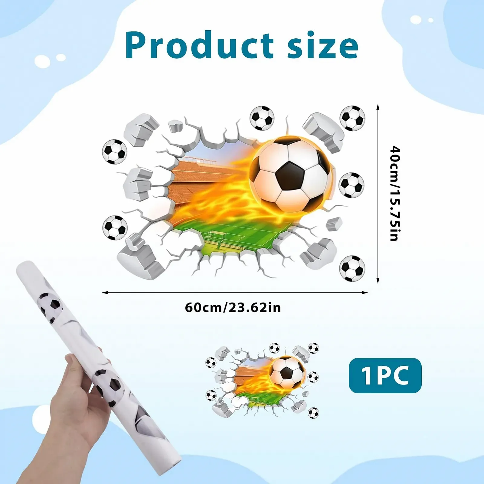 Наклейка на стіну 3D Футбольний м'яч 60 x 40 см, фото №2