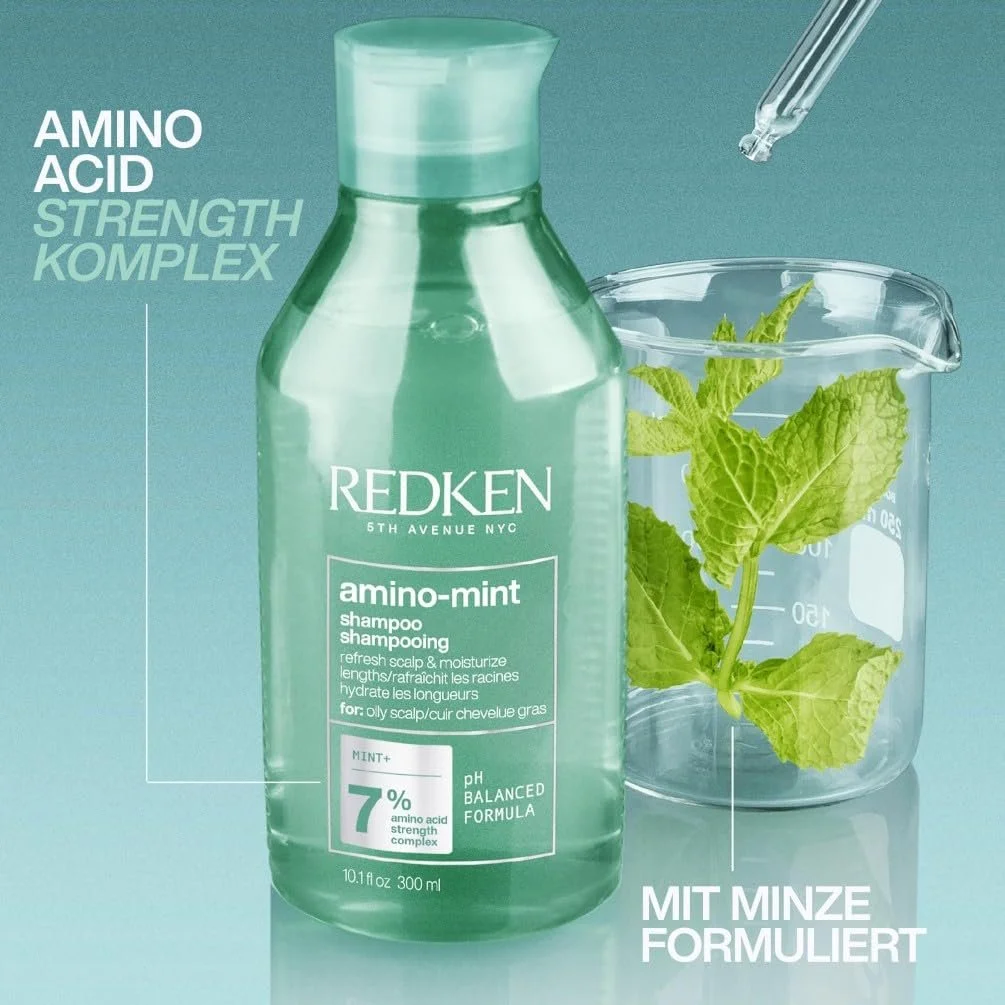 Шампунь Redken Amino Mint для жирної та подразненої шкіри голови, з балансом pH, з м'ятою та комплексом амінокислот, 300 мл, фото №3 Шампунь Redken Amino Mint для жирної та подразненої шкіри голови, з балансом pH, з м'ятою та комплексом амінокислот, 300 мл, фото №3