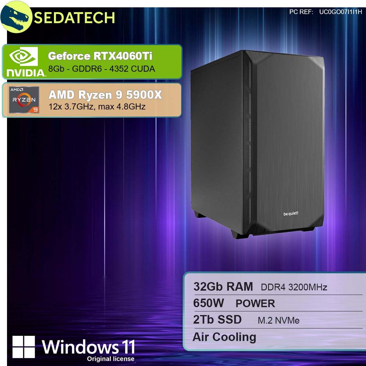 Комп'ютер Sedatech Silent Gaming AMD Ryzen 9 5900X Geforce RTX4060Ti 32 ГБ 2ТБ SSD M.2 Чорний, фото №2