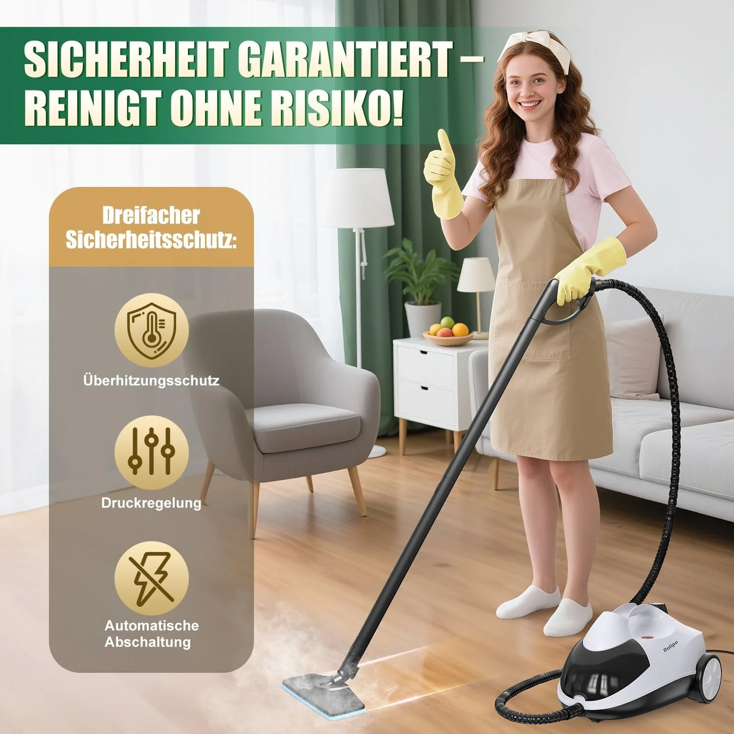 Пароочисник Rolipo 2000 W 4 бар 2 л 40 хвилин 160 °C 13 аксесуарів, фото №6