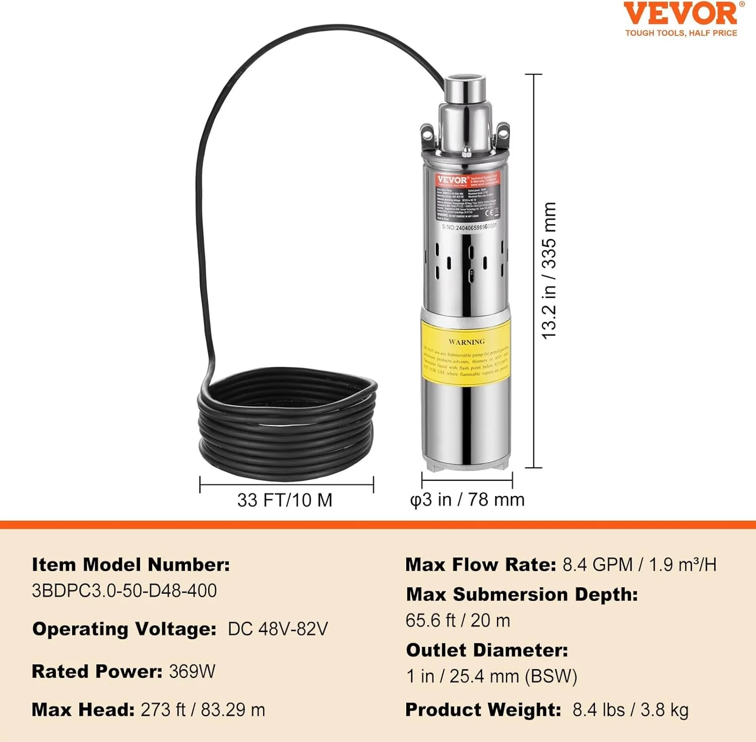 Сонячний водяний насос VEVOR ‎3BDPC3.0-50-D48-400 / 370 Вт /Silver, фото №3