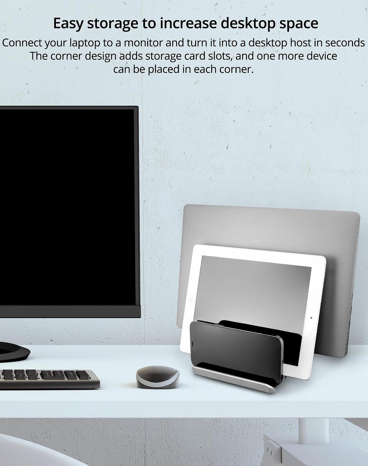 Подставка для ноутбука вертикальная QWORK 4 в 1 алюминиевая регулируемая с 2 слотами для Macbook, телефона, игровых ноутбуков, iPad серебристая, фото №4