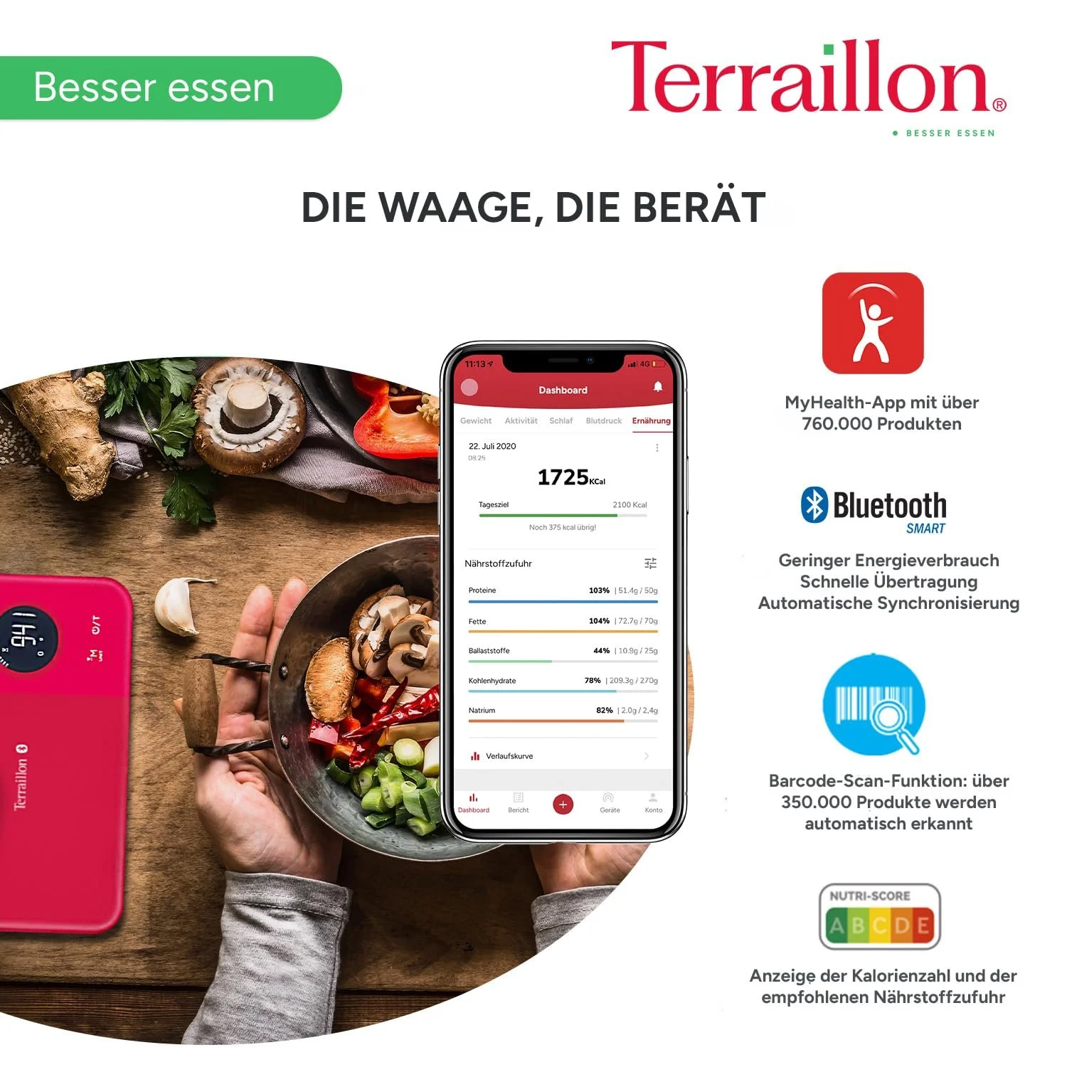 Кухонні ваги Terraillon NutriTab 5 kg Bluetooth Smart Журавлинний червоний, фото №3 Кухонні ваги Terraillon NutriTab 5 kg Bluetooth Smart Журавлинний червоний, фото №3