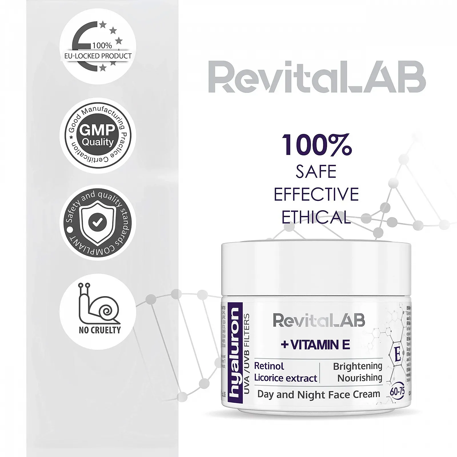 Крем для лица дневной и ночной RevitaLAB Hyaluronic Anti-Ageing с витамином A (ретинолом), витамином E, экстрактом корня солодки, гиалуроновой кислотой и УФ-фильтром, для возраста от 60 до 75 лет, 50 мл, фото №5 Крем для лица дневной и ночной RevitaLAB Hyaluronic Anti-Ageing с витамином A (ретинолом), витамином E, экстрактом корня солодки, гиалуроновой кислотой и УФ-фильтром, для возраста от 60 до 75 лет, 50 мл, фото №5