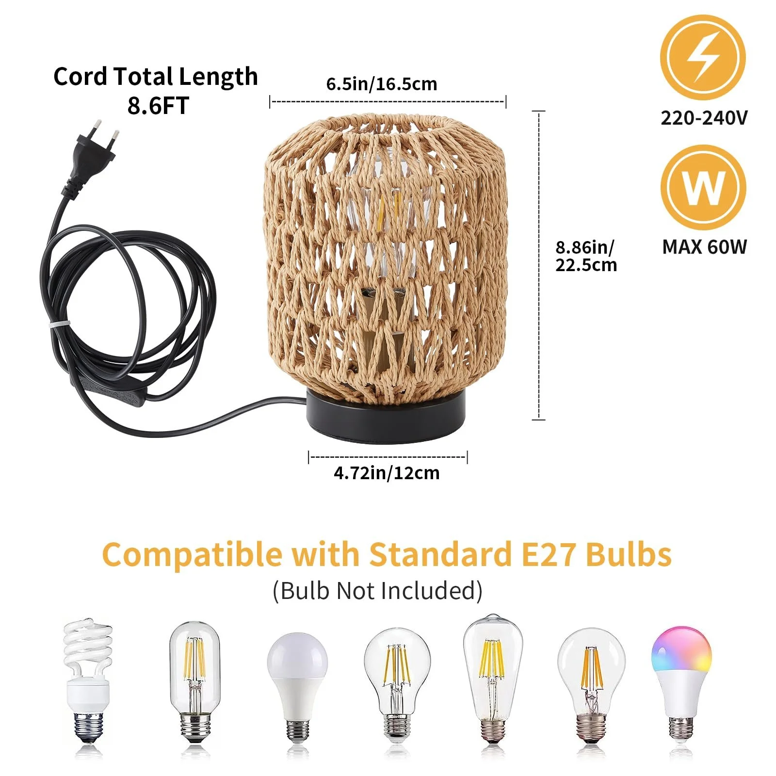 Настільна лампа WILON E27 плетена ротанг 18.5х20 см, фото №2