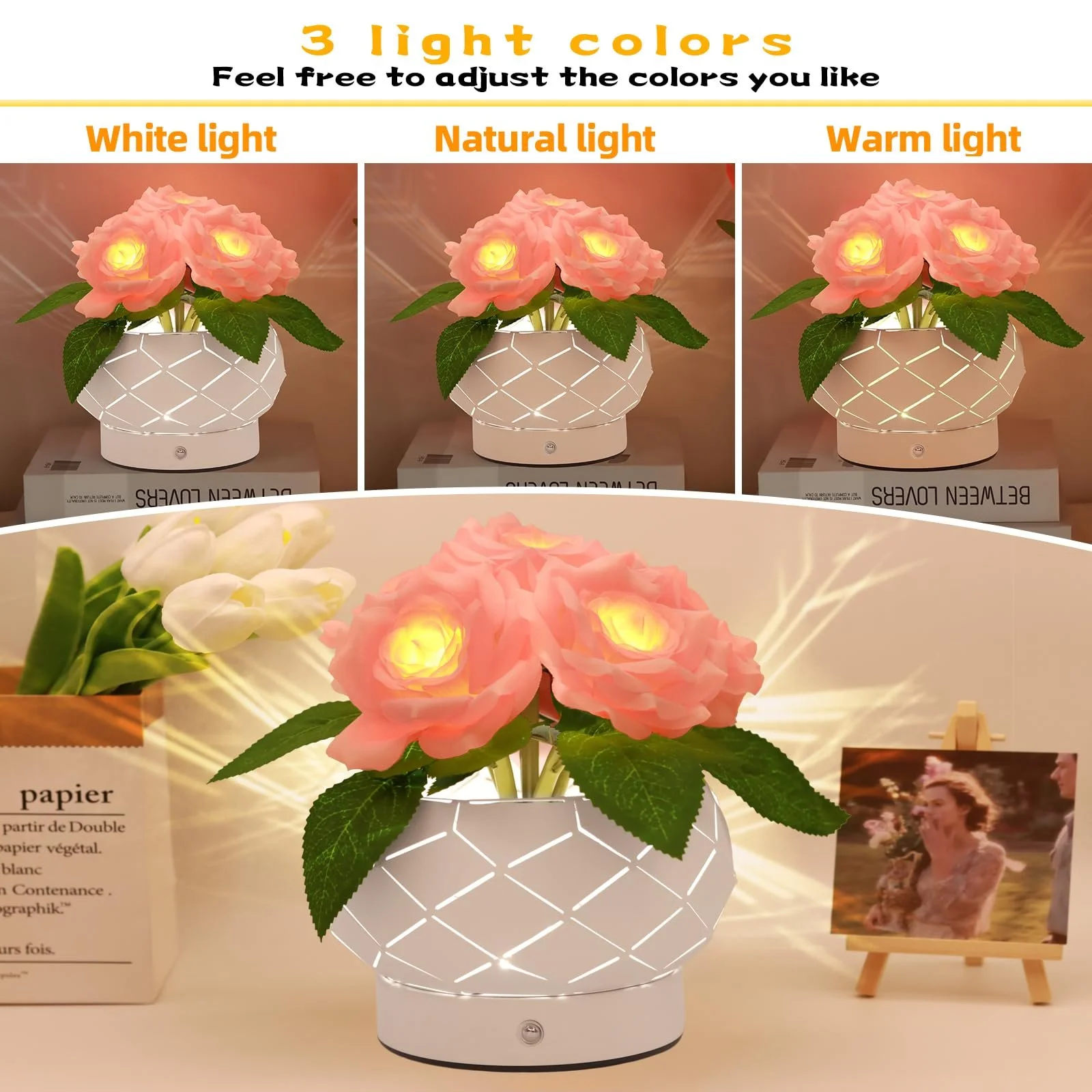 Настільна лампа Rose Flower акумуляторна сенсорна 3 кольори з димуванням, фото №2