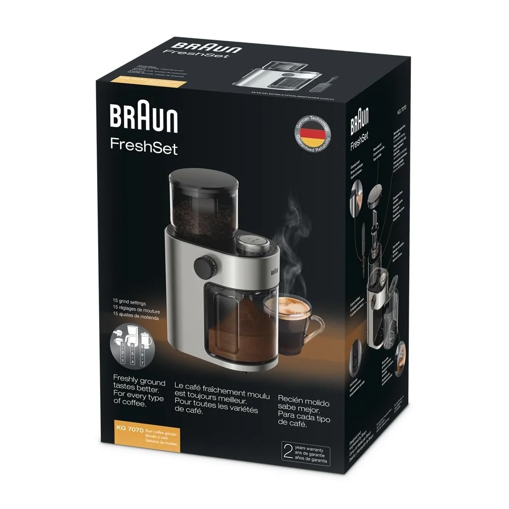 Кофемолка Braun FreshSet KG7070, для френч-пресса, фильтр-кофе, эспрессо, 15 степеней помола, 2-12 чашек, для 220 г кофе, фото №7 Кофемолка Braun FreshSet KG7070, для френч-пресса, фильтр-кофе, эспрессо, 15 степеней помола, 2-12 чашек, для 220 г кофе, фото №7
